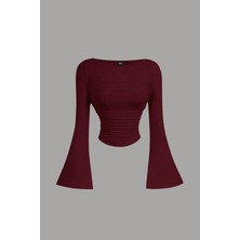 Tarz Cool Kadın Likralı Drapeli Uzun Ispanyol Kollu Crop Bluz