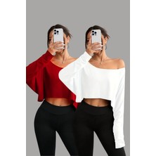 Tarz Cool Kırmızı - Beyaz 2li Kadın Düşük Omuz Kayık Yaka Oversize Uzun Kollu Crop T-Shirt