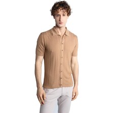İGS Erkek Vizon Slim Fit Dar Kalıp Düğmeli Polo Yaka Desenli Kısa Kollu Triko Tişört