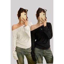 Tarz Cool Siyah Beyaz Kadın Oversize Uzun Kollu T-Shirt 2 Li Paket Düşük Omuz Kayık Yaka Pamuk