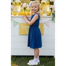 0013 - Kız Çocuk Açık Lacivert Elbise Beyaz Toka Takım