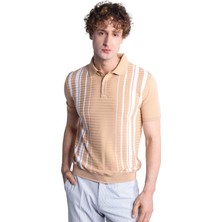 İGS Bej Slim Fit Dar Kalıp Düğmeli Polo Yaka Desenli Kısa Kollu Triko Tişört