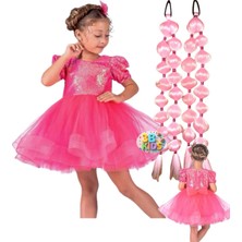 3b Kids Bariibii Prenses Pembe Kabarık Payetli Elbise Kostüm + 2 Adet Pembe Bubble Saç Doğum Günü Seti