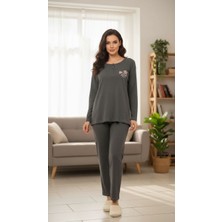 Gigi Giyim Mini Çiçek Desenli Raporlu Kadın Pijama Takım Antrasit