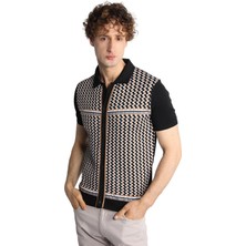 İGS Siyah Slim Fit Dar Kalıp Düğmeli Polo Yaka Desenli Kısa Kollu Triko Tişört