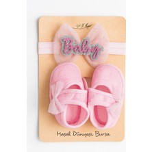 Masal Dünyası Bursa Pembe Tüllü Baby Yazılı Kız Bebek Saç Bandı ve Bez Patik Ayakkabı Seti 0-3 Ay