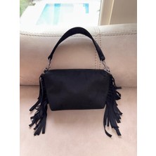 Mute Bag Siyah Süet Püsküllü Mini Baget Kadın Çanta (20X14)