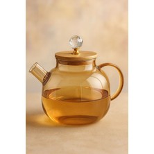 Borosilikat Cam Bambu Kapaklı Kristal Detaylı Bitki Çayı Demliği 1000 ml Amber (Alg)