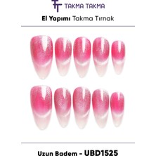 Takma Takma 10'lu Pembe Uzun Badem UBD1525 Tekrar Kullanılabilir El Yapımı Protez Takma Tırnak Pembe-S