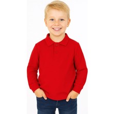 Trend Baby Kids Çocuk Unisex Uzun Kollu Polo Yaka Tshirt Kırmızı Okul 6-9 Yaş