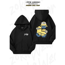 Unisex Minyonlar Baskılı Oversize Sırt Baskılı Fermuarlı Kapşonlu Hırka