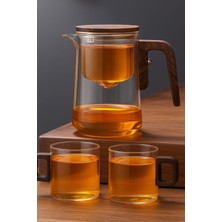 Borosilikat Cam Ahşap Kapak ve Sap Detaylı Mıknatıs Özellikli Lüks Bitki Çayı Demliği  ve 2 Adet Kupa 350 ml