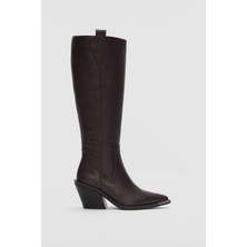 Selin Shoes Avyssa Hakiki Deri Kısa Fermuarlı Sivri Burun Kadın Çizme- Kahverengi