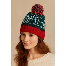 Külah Kadın Ponponlu Yılbaşı Temalı Kışlık Triko Bere – Merry Christmas Desenli
