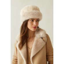 Külah Yuvarlak Suni Kürk Şapka - Bej Kışlık Boho Bucket Hat