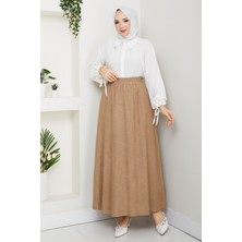 Günay Karaca Bej Taş Renk Ince Fitilli Kadife Kadın Etek Beli Lastikli 38 40 42 44 46 48 Bedenlere Uyumludur.