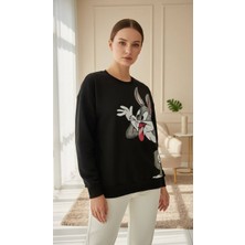 Şerice Kadın Siyah Baskılı Sweatshirt