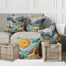 Alkan Homes 4 Lü Kombin Punch Nakış Desen Görünümlü Manzara Temalı Dijital Baskılı Kırlent Kılıfı