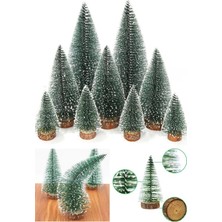 Kesene Yeni Yıl Dekoru Kar Efektli 9 Adet Yılbaşı mini Çam Ağaçları Seti Doğal Ahşap Tabanlı 8 - 12 - 15 cm