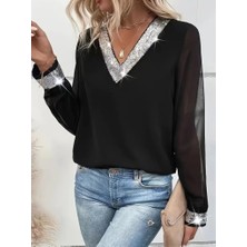 Etiler Collection Kadın Uzun Kollu V Pulpayet Yakalı Ithal Krep Bluz