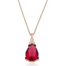Gumush Hk Gümüş Kadın Kolye Kırmızı Topaz Damla |Gümüş Takı Hediyelik Ürünler