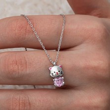 Gumush Hk Gümüş Kadın Kolye Pembe Taşlı Sevimli Kedi |Gümüş Takı Hediyelik Ürünler