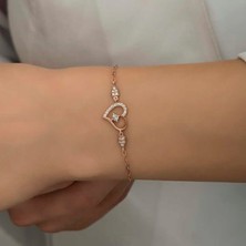 Gumush Hk Gümüş Kadın Bileklik Rose Kalpli Tektaş |Gümüş Takı Hediyelik Ürünler