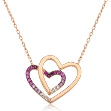 Gumush Hk Gümüş Kadın Kolye Rose İki Kalp |Gümüş Takı Hediyelik Ürünler