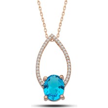 Gumush Hk Gümüş Kadın Kolye Rose Turkuaz Oval Taşlı |Gümüş Takı Hediyelik Ürünler