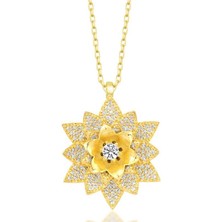 Gumush Hk Gümüş Kadın Kolye Gold Beyaz Taşlı Lotus Çiçeği |Gümüş Takı Hediyelik Ürünler