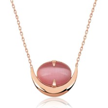 Gumush Hk Gümüş Kadın Kolye Pembe Kedi Gözü Taşlı Hilal |Gümüş Takı Hediyelik Ürünler