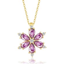 Gumush Hk Gümüş Kadın Kolye Gold Mor Lotus Çiçeği |Gümüş Takı Hediyelik Ürünler