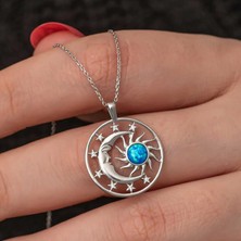 Gumush Hk Gümüş Kadın Kolye Opal Mavi Taşlı Ay Güneş |Gümüş Takı Hediyelik Ürünler