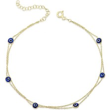 Gumush Hk Gümüş Kadın Bileklik Gold Çift Zincirli Nazar |Gümüş Takı Hediyelik Ürünler