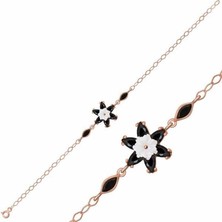 Gumush Hk Gümüş Kadın Bileklik Rose Siyah Lotus Çiçeği |Gümüş Takı Hediyelik Ürünler