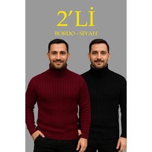 Silerra Erkek Fitilli Triko Kazak 2'li Set Bordo Siyah Regular Balıkcı Yaka Tam Boğazlı Triko Seti Modeli Kazak
