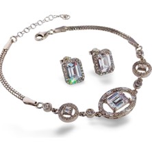 925 Gümüş Baget Kare Tasarım Zarif Işıltılı Kadın Küpe Bileklik Seti