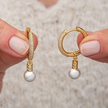 Gumush Hk Gümüş Kadın Küpe Zirkon Taşlı Gold Halka İnci |Gümüş Takı Hediyelik Ürünler