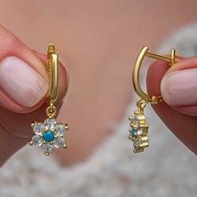 Gumush Hk Gümüş Kadın Küpe Mavi Taşlı Gold Çiçek |Gümüş Takı Hediyelik Ürünler