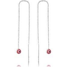 Gumush Hk Gümüş Kadın Küpe Zincirli Pembe Nazar |Gümüş Takı Hediyelik Ürünler