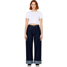 Ersefa Kadın Geniş Paça Koyu Denim Pantolon Normal Bel Fonksiyonel Dayanıklı Kaliteli Konforlu Şık