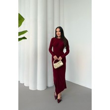 Mezka Kadın Drapeli Uzun Kollu Yırtmaç Detaylı Büzgülü Elbise