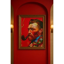 Kırmızı Fon Üzerinde Van Gogh – Modern Dijital Portre Duvar Tablosu (Çerçeveli)