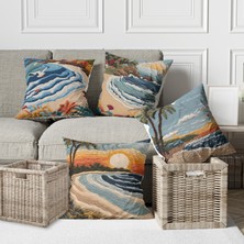 Alkan Homes 4 Lü Kombin Punch Nakış Desen Görünümlü Deniz Sahil Temalı Dijital Baskılı Kırlent Kılıfı -