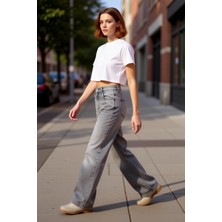 PayBuy Kadın Yüksek Bel Geniş Paça Denim Pantolon Fonksiyonel Dayanıklı Kaliteli Konforlu Estetik