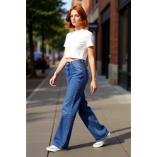 PayBuy Kadın Açık Yüksek Bel Geniş Paça Denim Pantolon Fonksiyonel Dayanıklı Kaliteli Konforlu Şık
