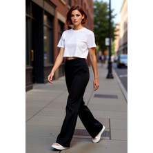 PayBuy Kadın Yüksek Bel Flare Dokuma Pantolon Fonksiyonel Dayanıklı Kaliteli Konforlu Estetik Şık