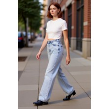 PayBuy Kadın Açık Yüksek Bel Bol Paça Denim Pantolon Fonksiyonel Dayanıklı Kaliteli Konforlu Spor