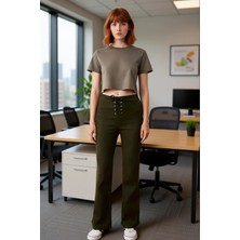 FRM Kadın Haki Gabardin Flare Pantolon Bağcıklı Detaylı Fonksiyonel Dayanıklı Kaliteli Estetik