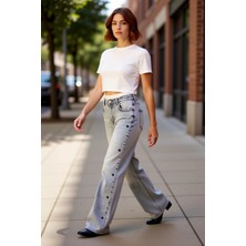 PayBuy Kadın Yıldız Detaylı Wide Leg Jean Pantolon Fonksiyonel Dayanıklı Kaliteli Konforlu Modern